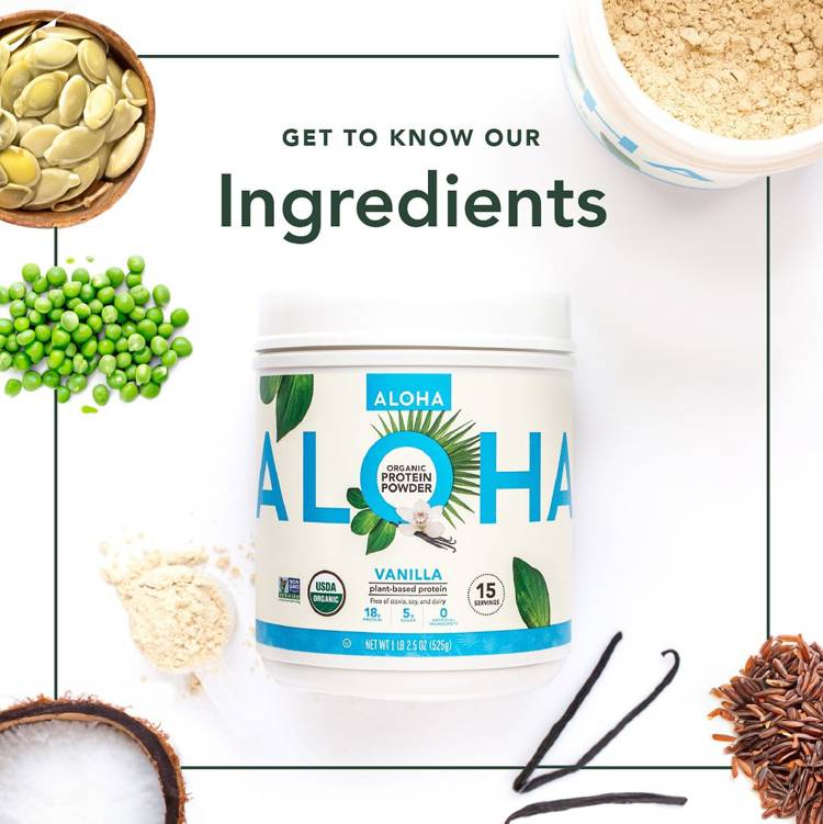 an advertisement for aloha protein powder shows the ingredients