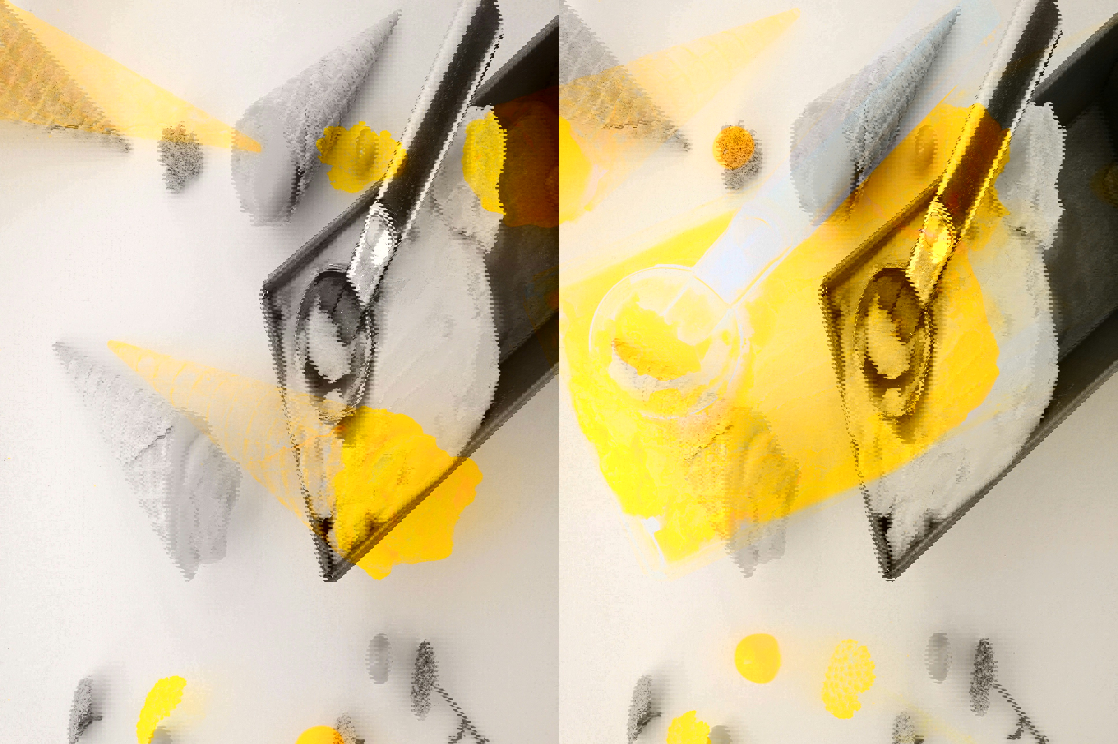 a scoop of yellow ice cream is being scooped out of a pan