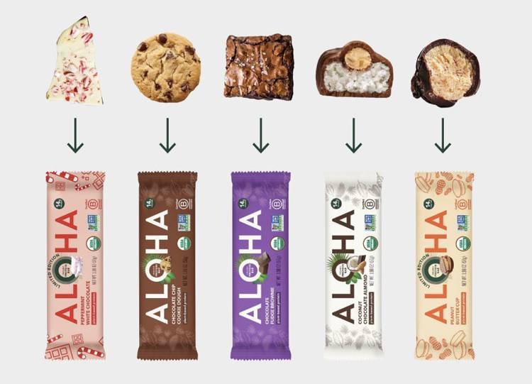 four different flavors of aloha bars are lined up next to each other