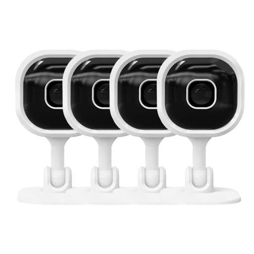 four white cameras with black lenses are lined up in a row