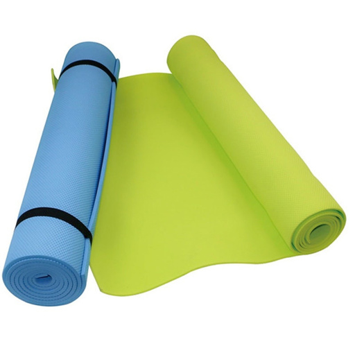 a blue yoga mat is next to a green yoga mat