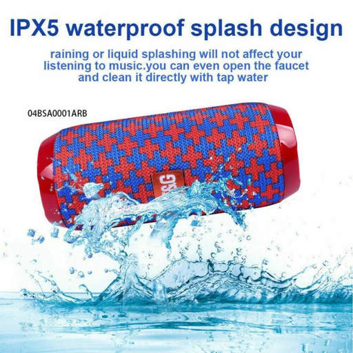 a red and blue speaker that says ipx5 waterproof splash design