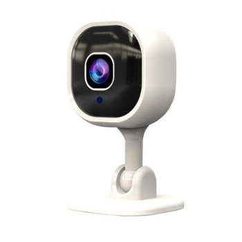 a white security camera with a black lens and a blue light on a white background .