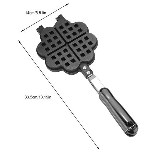 a black waffle maker with measurements of 14cm / 5.51in and 33.50cm / 13.19in