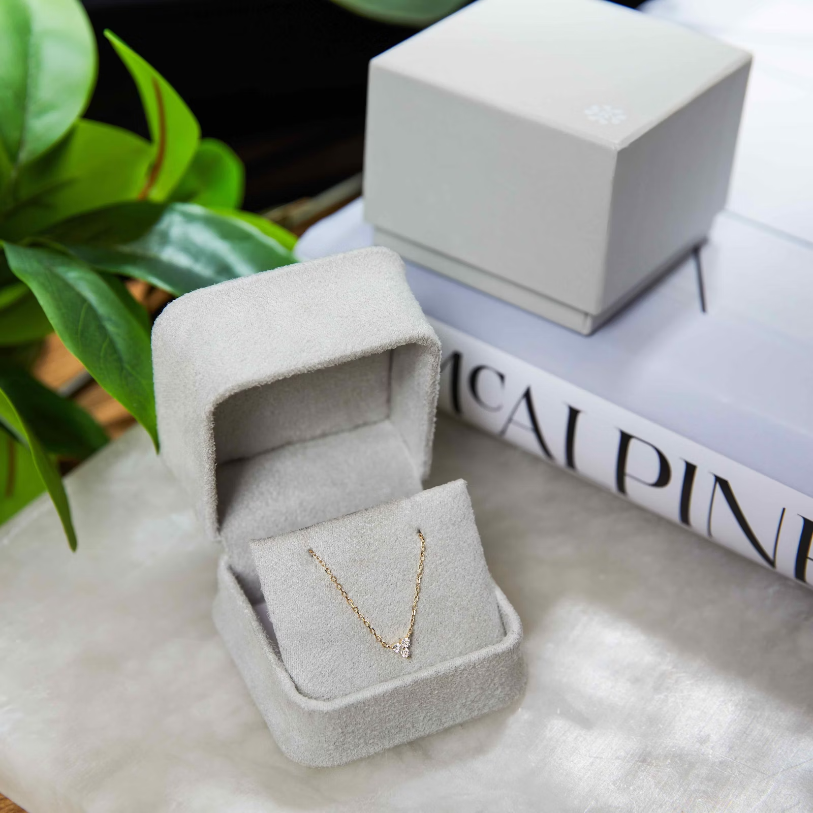 a necklace is in a box on a table next to a book