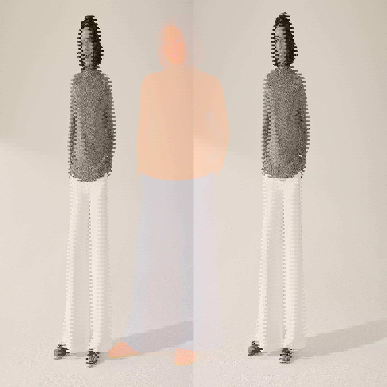 a woman wearing a tan sweater and white pants