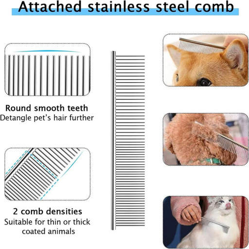 a stainless steel comb is attached to a dog and a cat