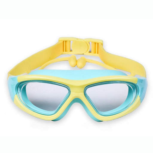 a pair of blue and yellow swim goggles with ear plugs attached
