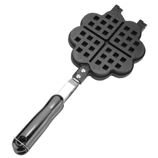 a heart shaped waffle maker with a black handle