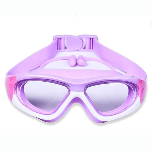 a pair of purple swim goggles with ear plugs attached