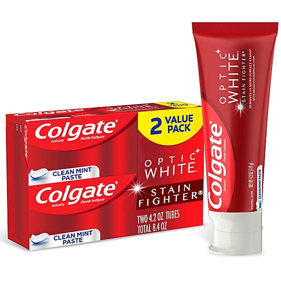 Colgate Optic White Stain Fighter Teeth Whitening Toothpaste Clean Mint Paste - 2-4.2 Oz