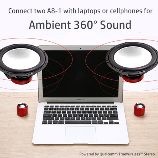 a laptop with two speakers on top of it and the words connect two a8-1 with laptops or cellphones for ambient 360 degree sound