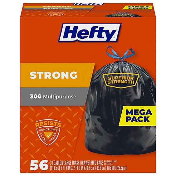 Hefty Trash Bags Drawstring Extra Strong Multipurpose Large 30 Gallon Mega Pack - 56 Count