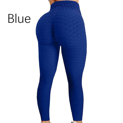 a woman is wearing a pair of blue leggings