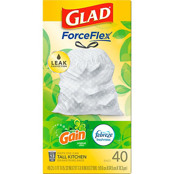 Glad Forceflex With Febreze Gain Tall Kitchen Drawstring Trash Bags 13 Gallon - 40 Count