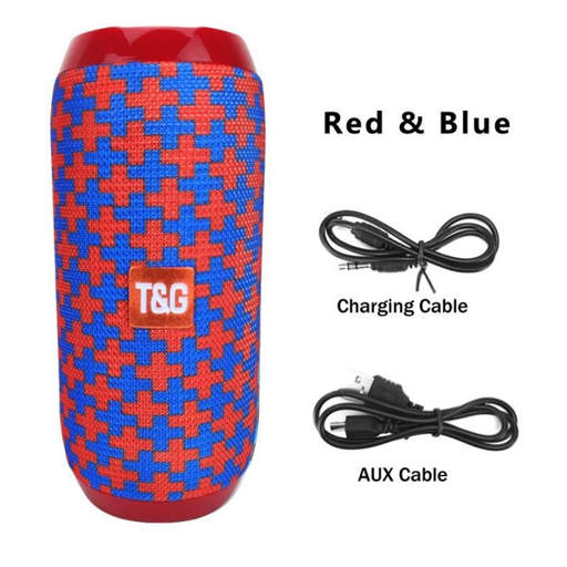 a red and blue t & g speaker with a charging cable and aux cable