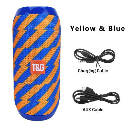 a blue and orange t & g speaker with a charging cable and aux cable