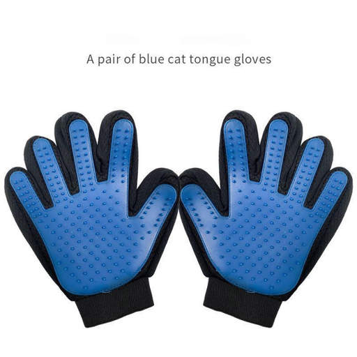 a pair of blue cat tongue gloves on a white background