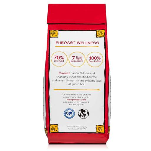 the back of a bag of puroast wellness coffee