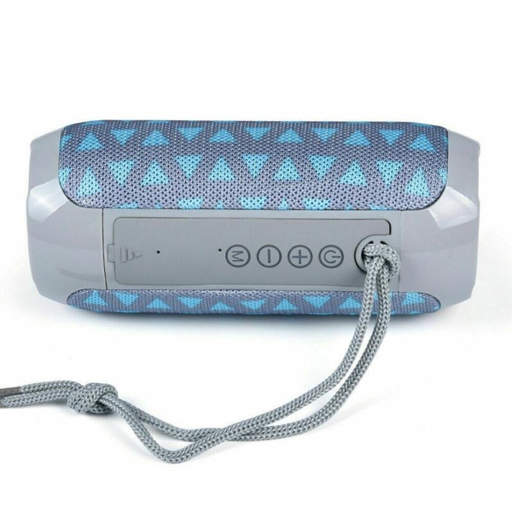 a gray and blue speaker with a cord attached to it