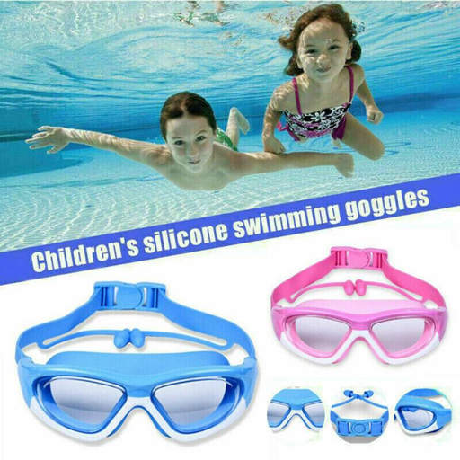 two children are swimming in a pool wearing children 's silicone swimming goggles