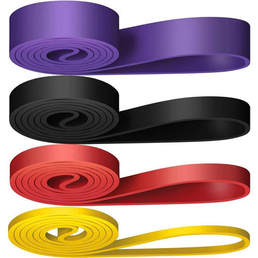 four different colored resistance bands are stacked on top of each other