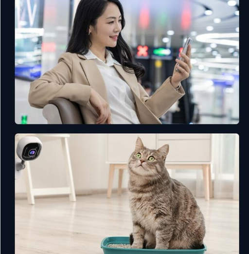 a woman sitting in a chair looking at her phone next to a cat in a litter box