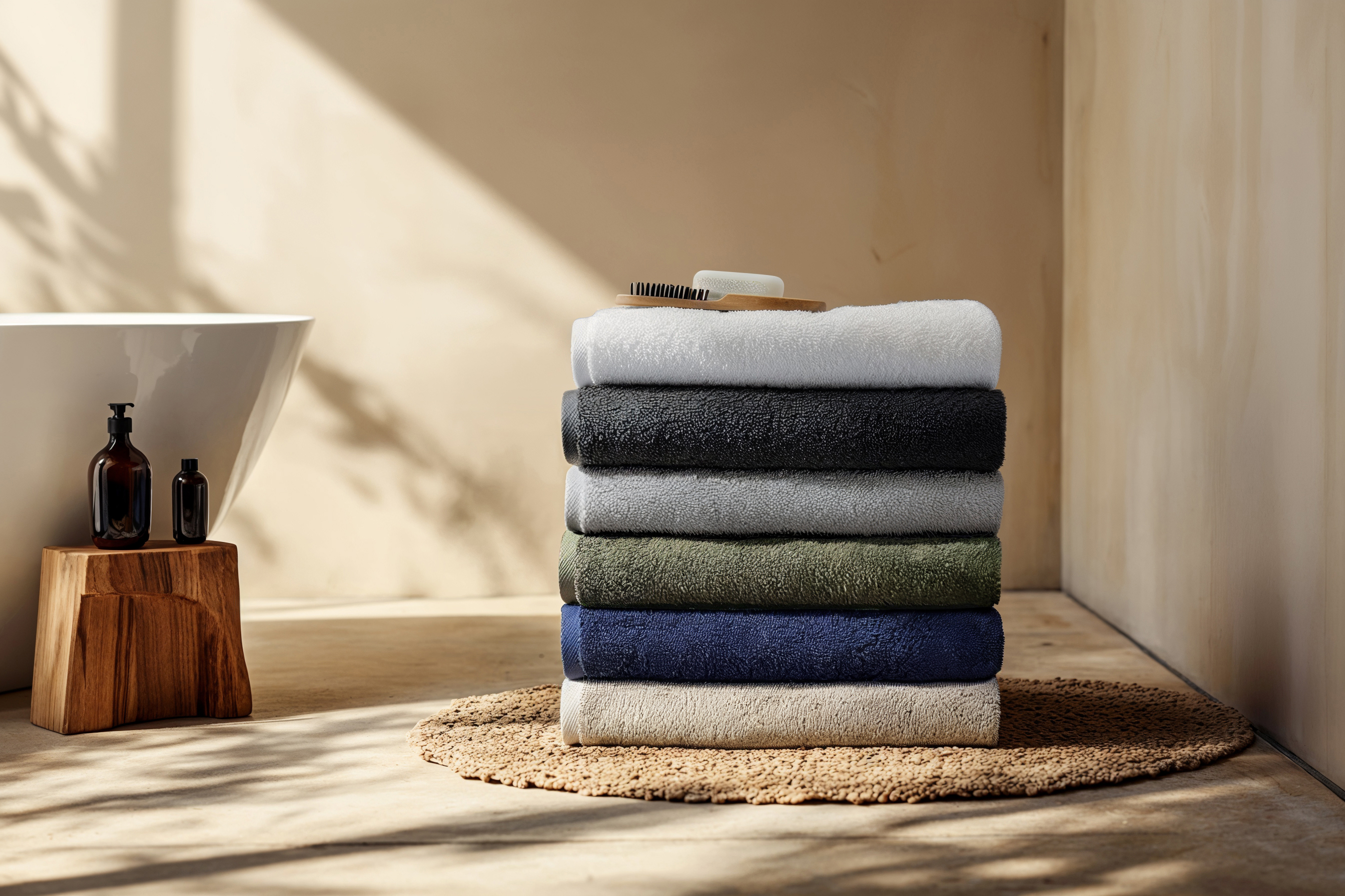 a stack of towels in a bathroom next to a bathtub