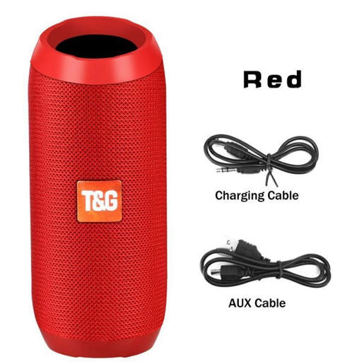 a red t & g speaker with a charging cable and aux cable