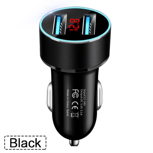 a black car charger with a digital display says it is made in china