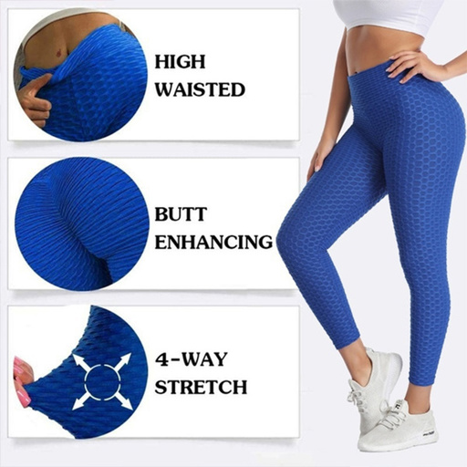 a woman is wearing a pair of blue leggings that are high waisted