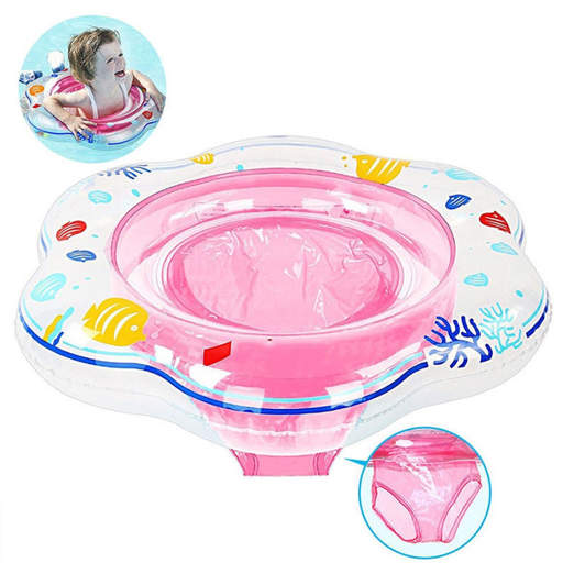 a baby is swimming in a pink and white float