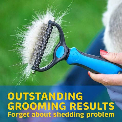 a person is holding a brush that says outstanding grooming results forget about shedding problem