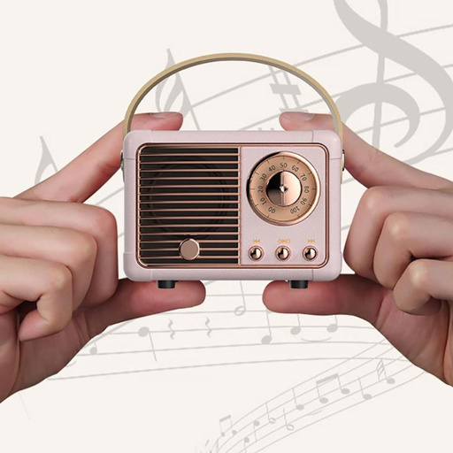 a person is holding a small pink radio with a wooden handle