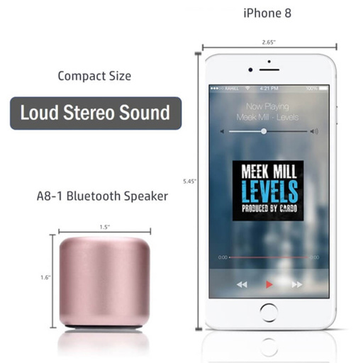 a compact size loud stereo sound a8-1 bluetooth speaker and an iphone 8
