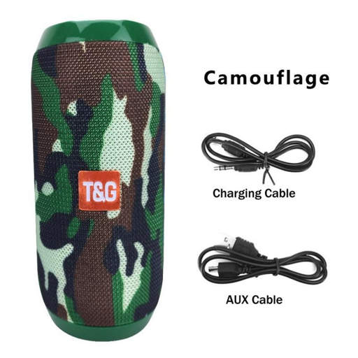 a camouflage t & g speaker with a charging cable and aux cable