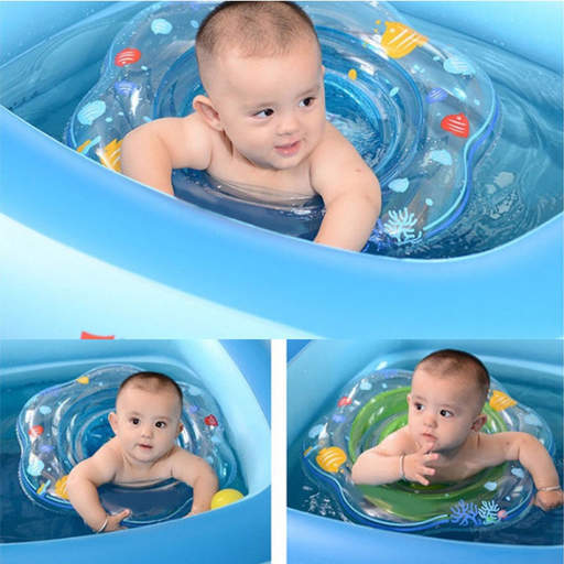a baby is swimming in a pool with an inflatable ring around his neck