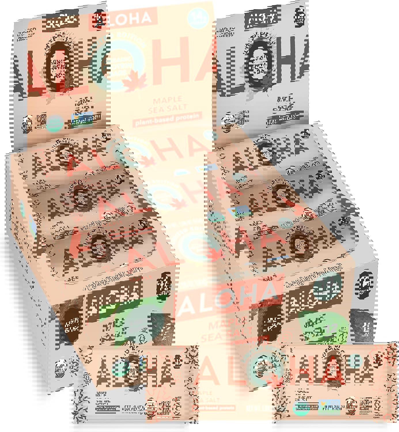 ALOHA Organic Plant Based Protein Bars, Maple Sea Salt, 1.98-Ounce Bars (Pack of 12)