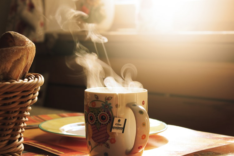 a cup of hot tea with an owl on it