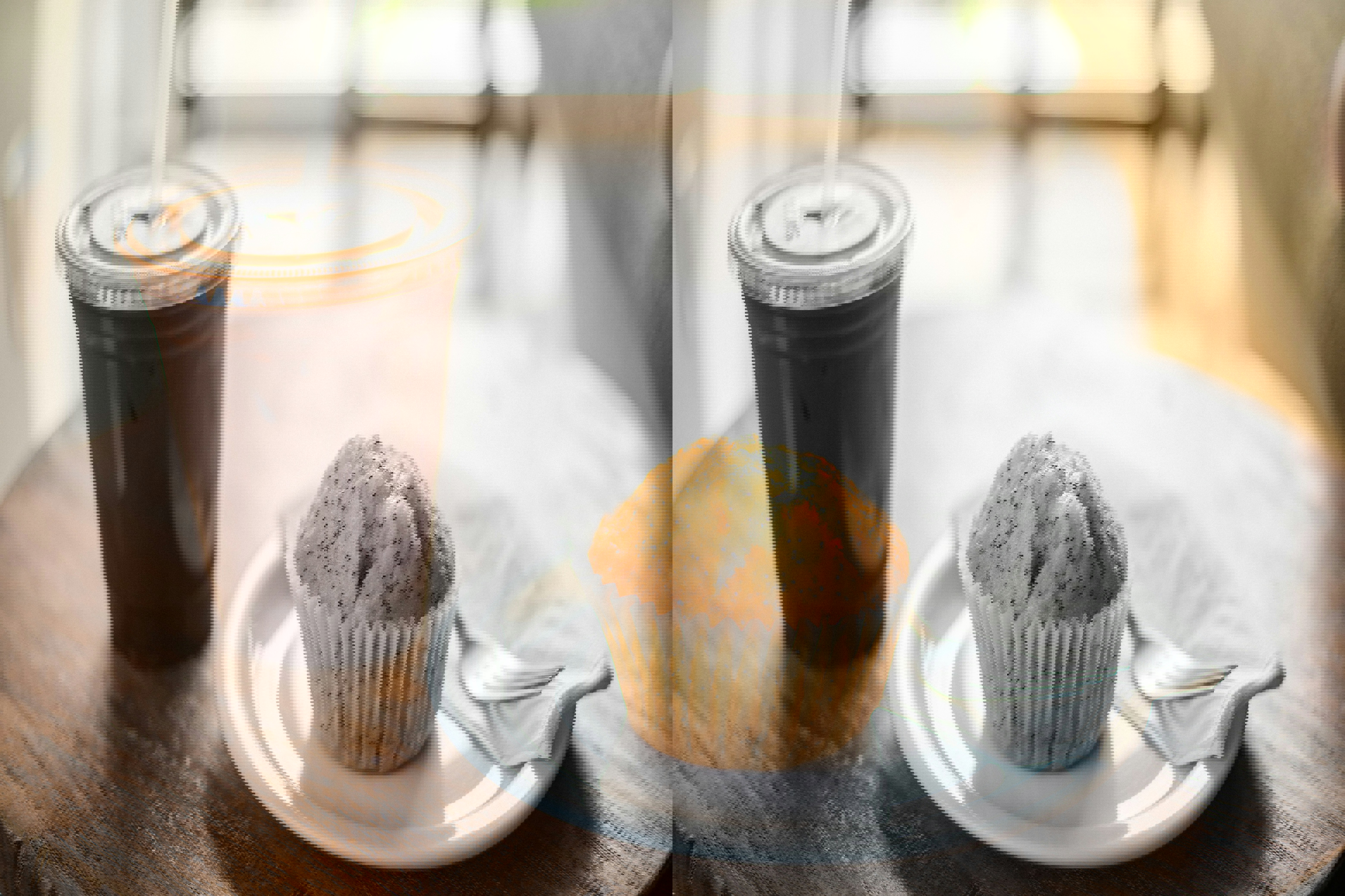 a muffin on a plate next to a cup of coffee