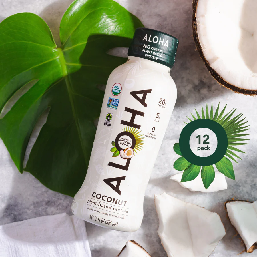 a bottle of aloha coconut plant based protein drink