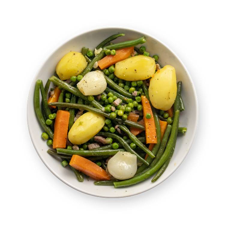 a white bowl filled with potatoes , green beans , carrots and peas