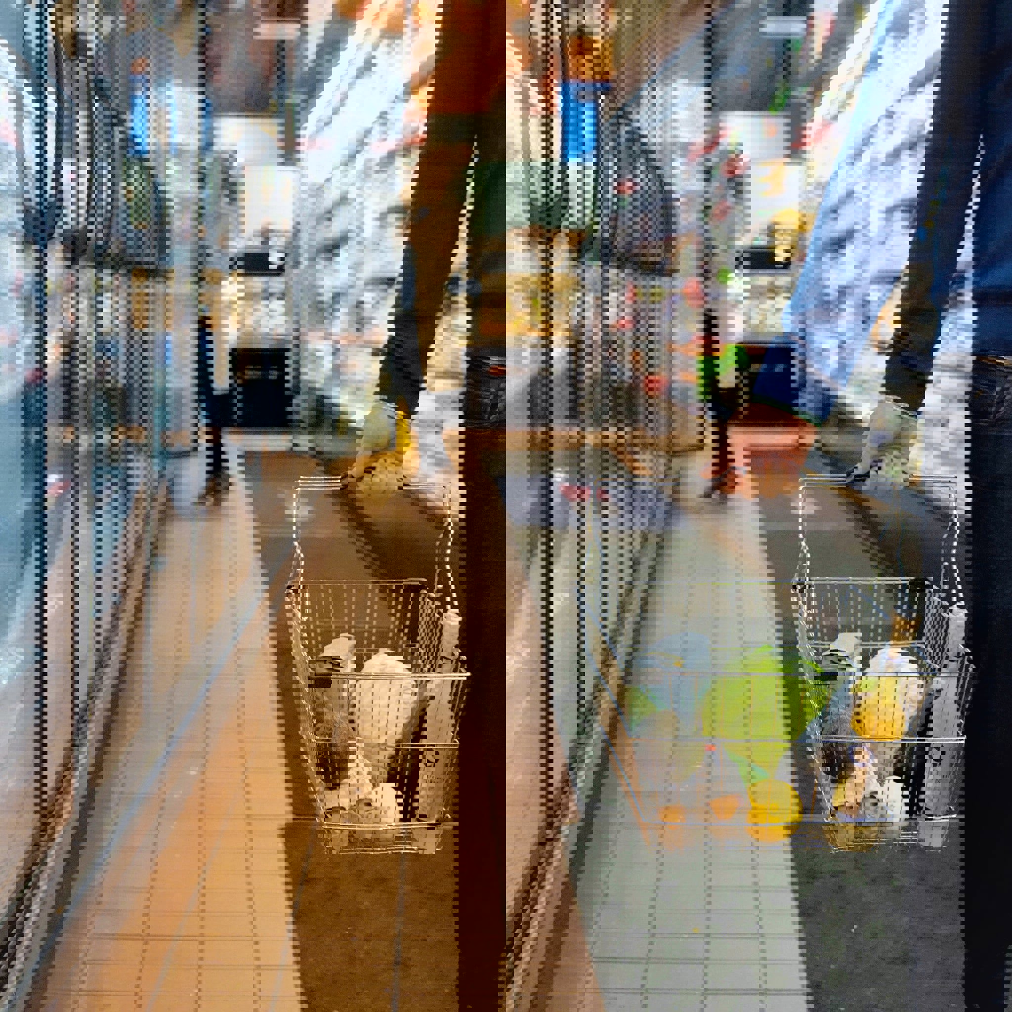 a man is carrying a shopping basket full of groceries in a grocery store
