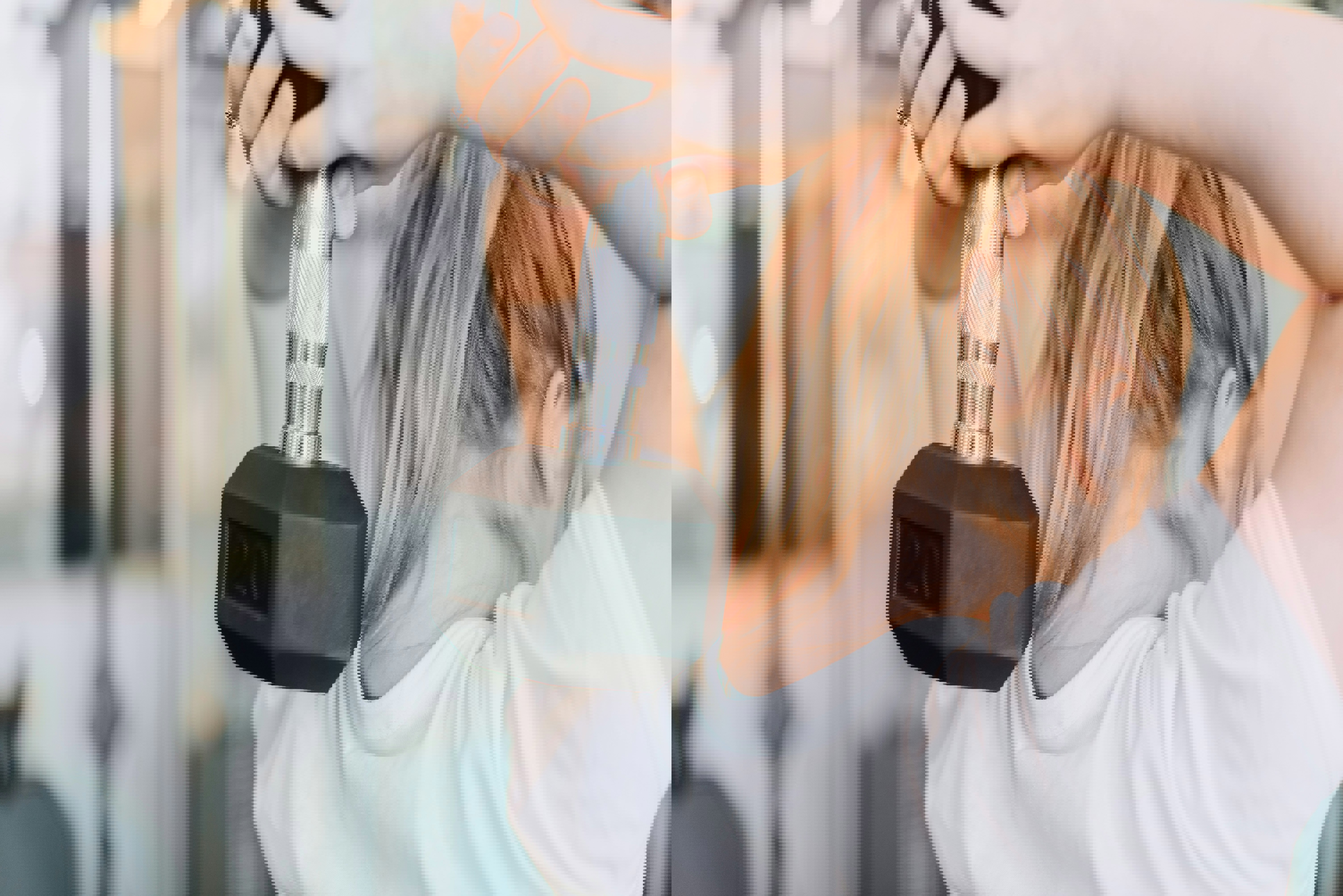 a woman is lifting a dumbbell with the number 20 on it